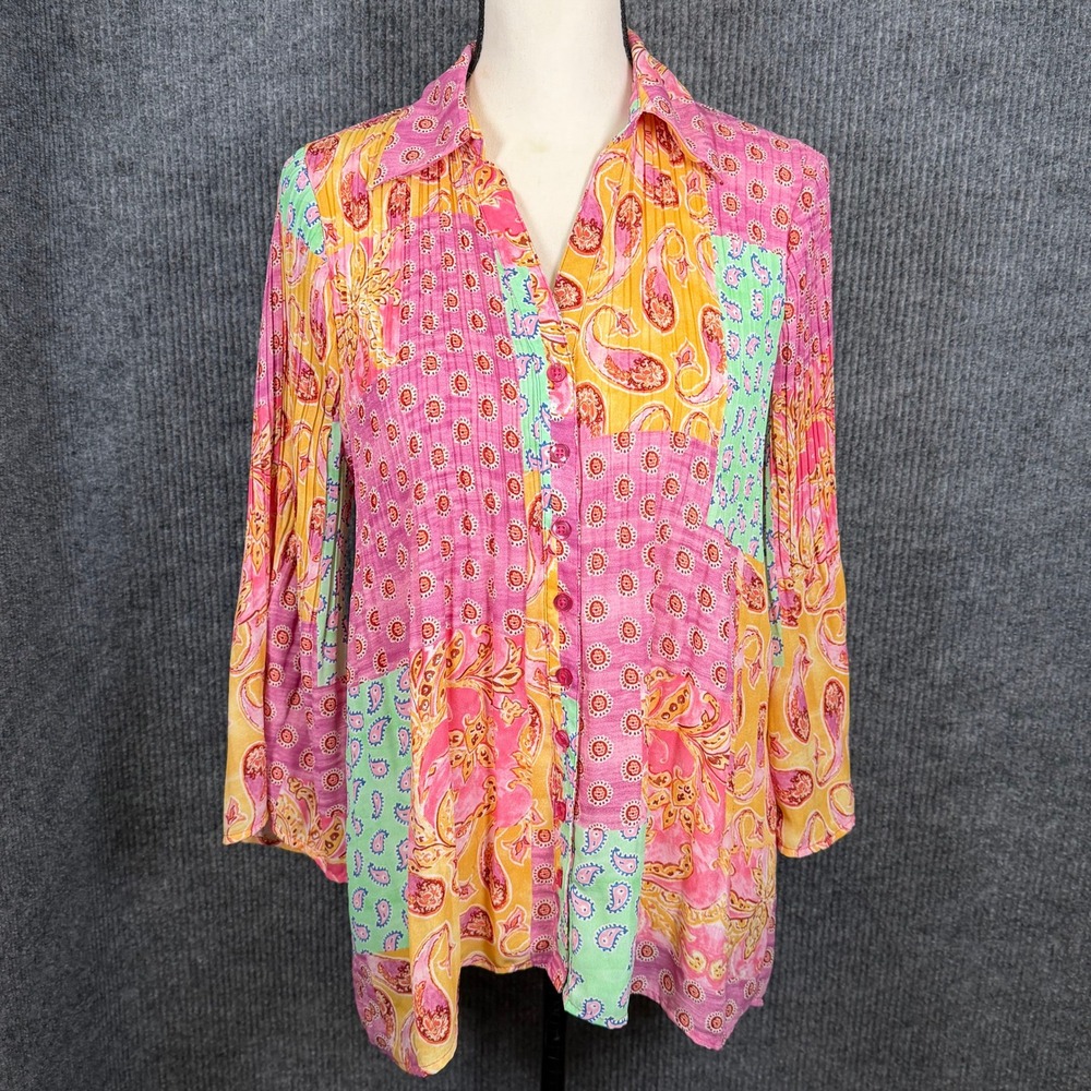 Sunny Leigh Patchwork Boho Button Up Top Womens S Pink Slit Sleeve Whimsical
